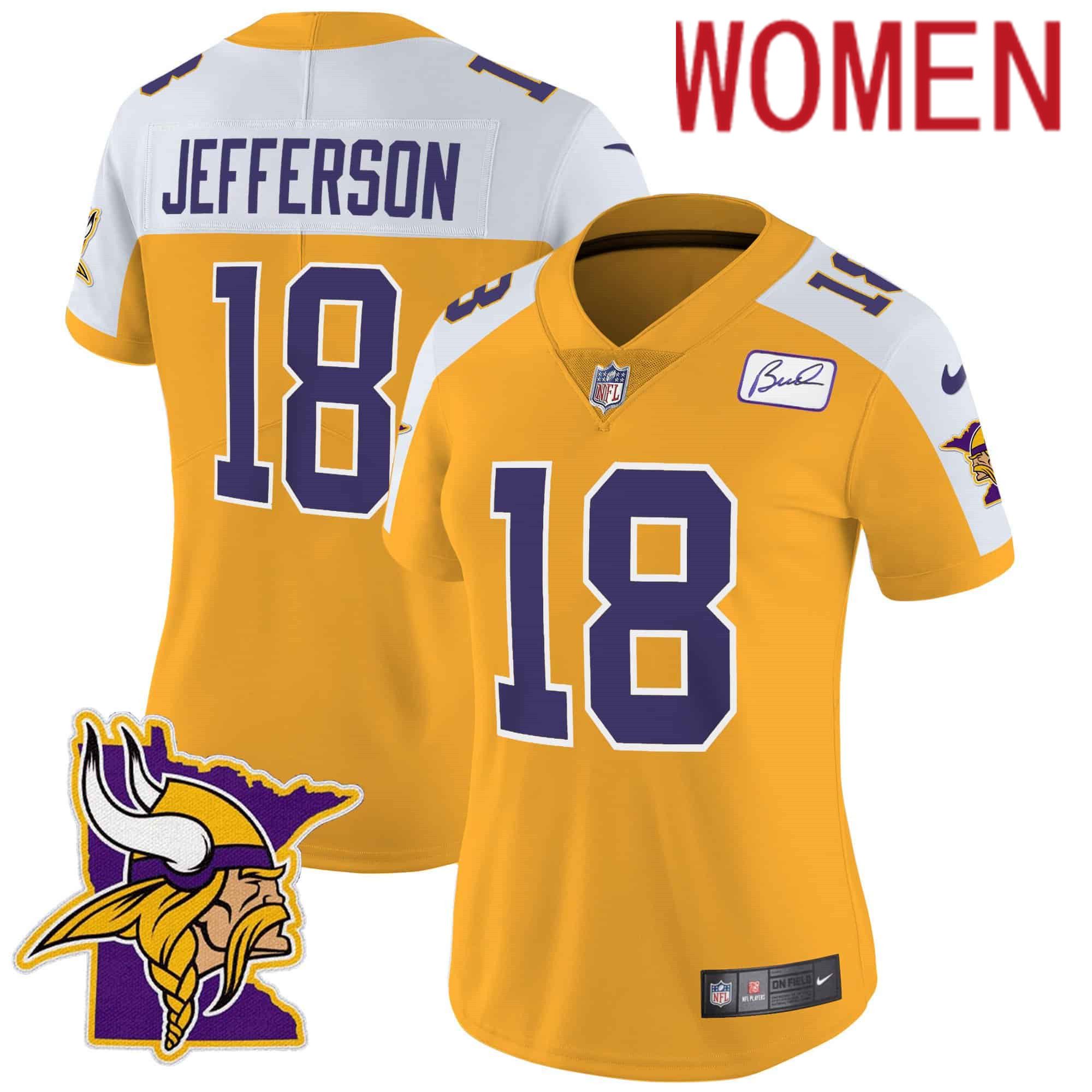 Women Minnesota Vikings 18 Jefferson Yellow 2024 Nike Patch Classic Limited NFL Jersey style 3